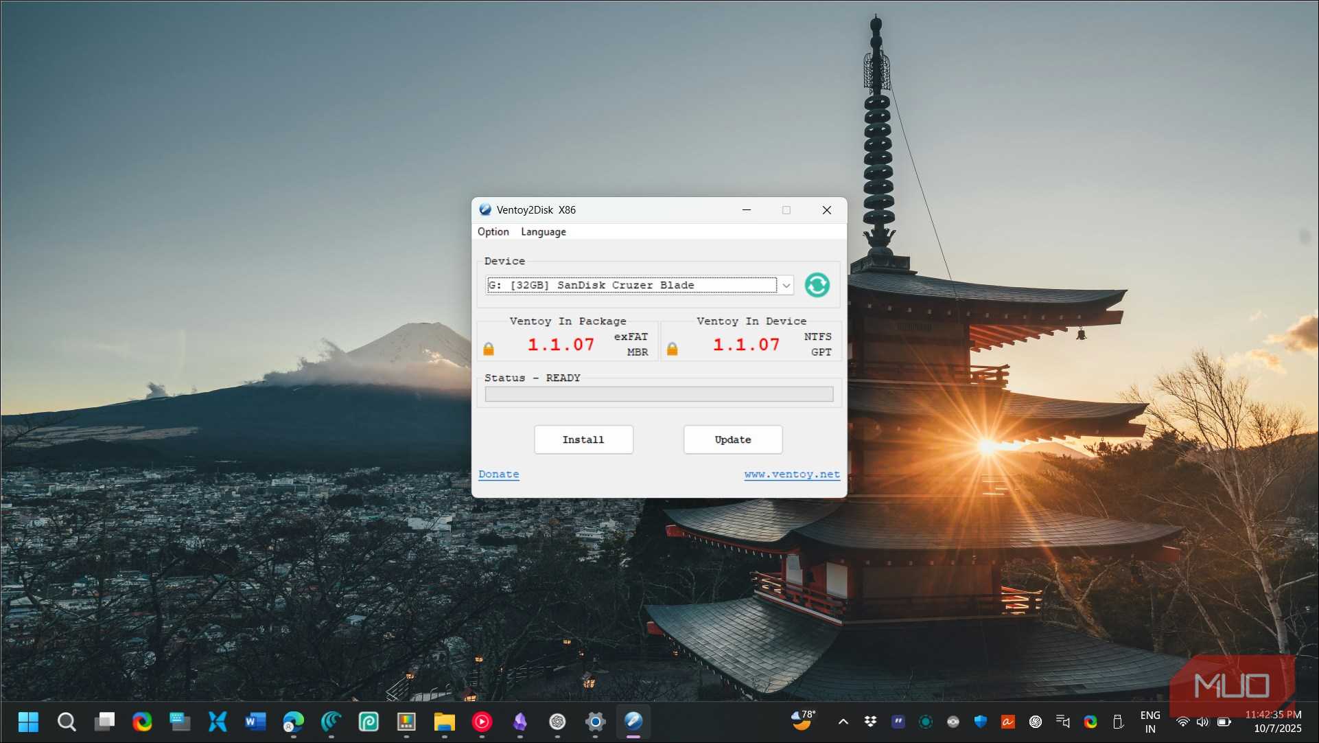 Ventoy2disk install screen open on Windows 11