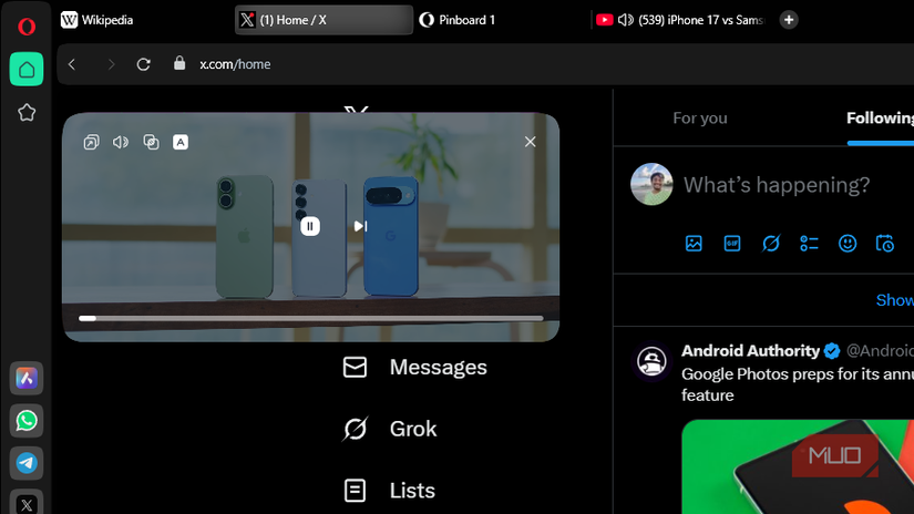 Default PIP video player in Opera browser playing a YouTube video.