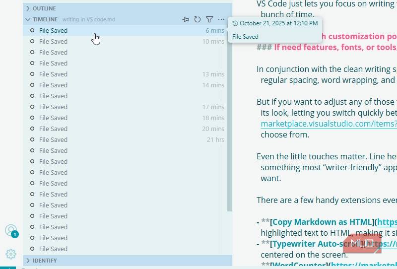 vs code timeline version history.