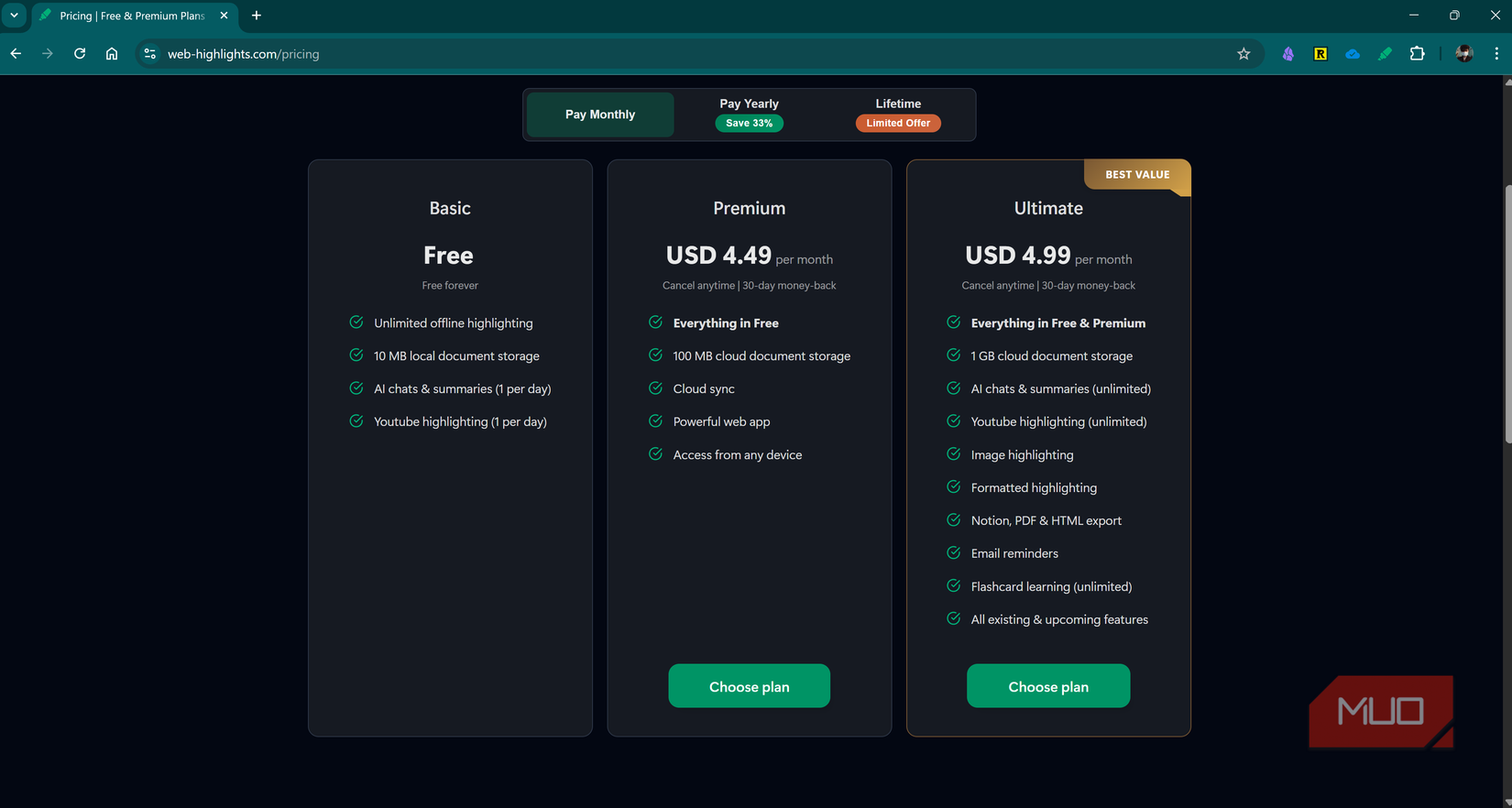 Web Highlights premium plans