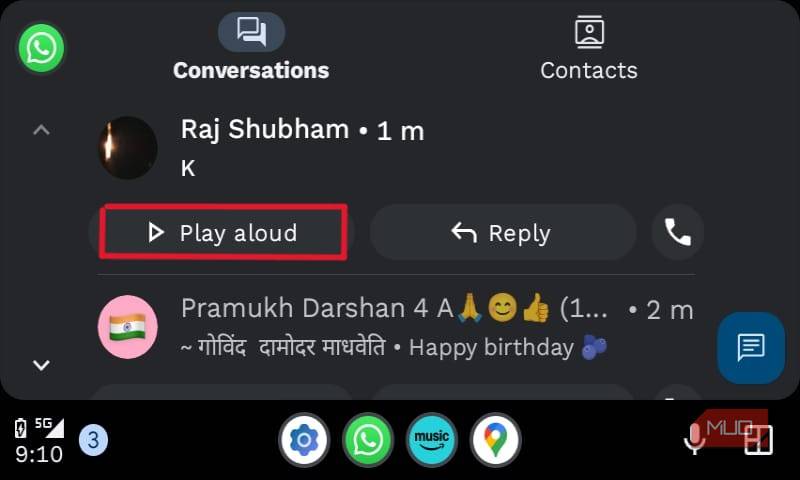 play aloud option highlighted with red box in WhatsApp on Android Auto.