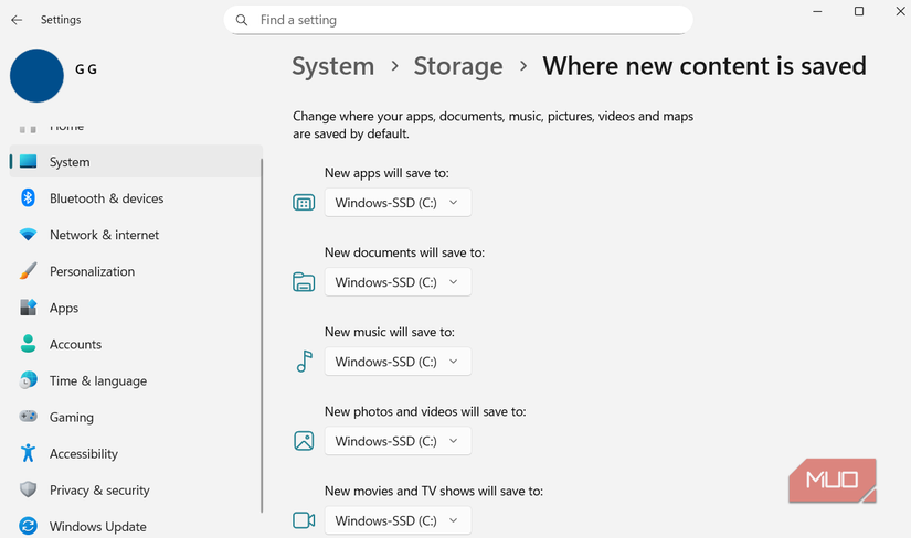 Where content is saved setting on Windows