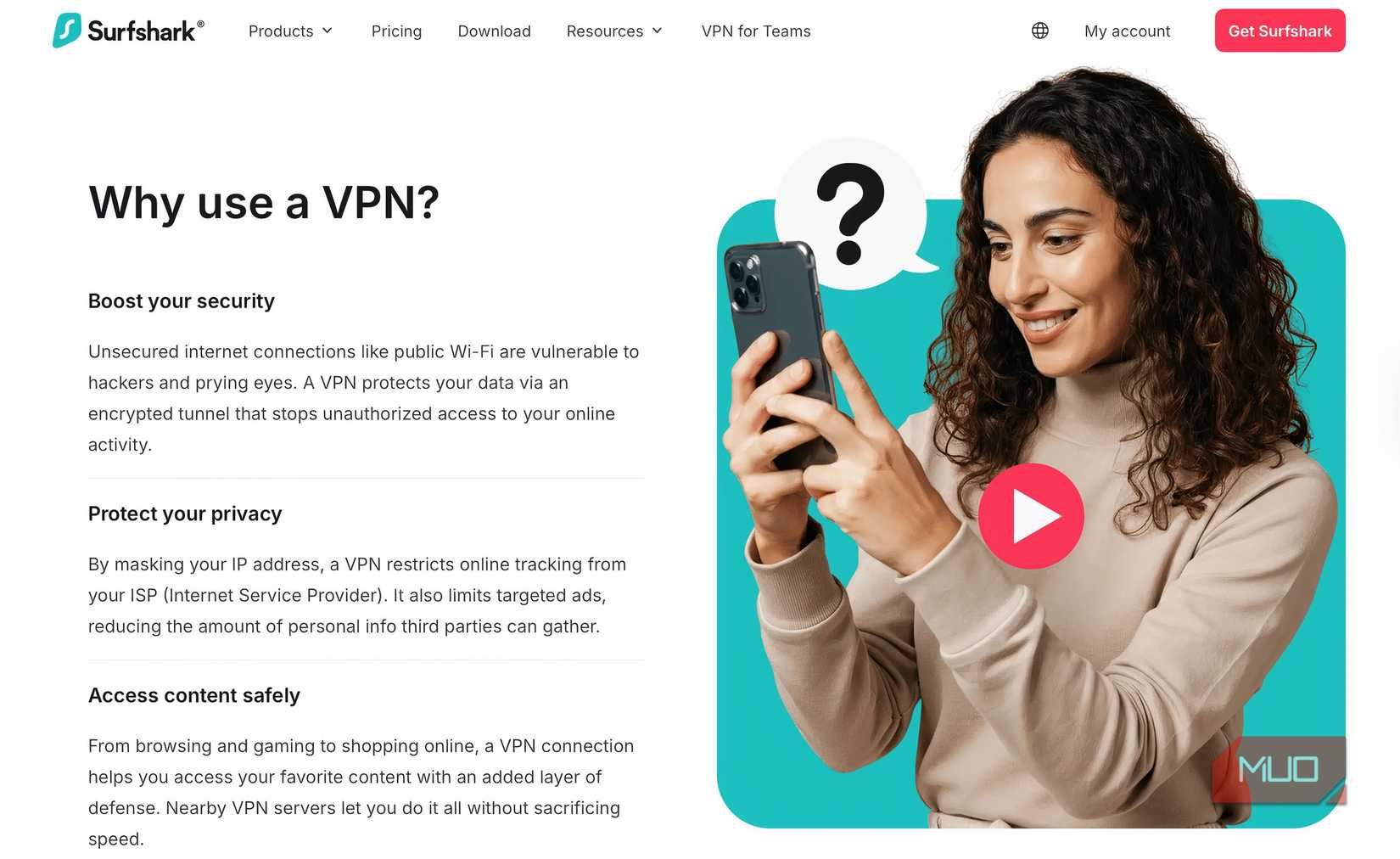 A screenshot from the Surfshark website on why to use a VPN.