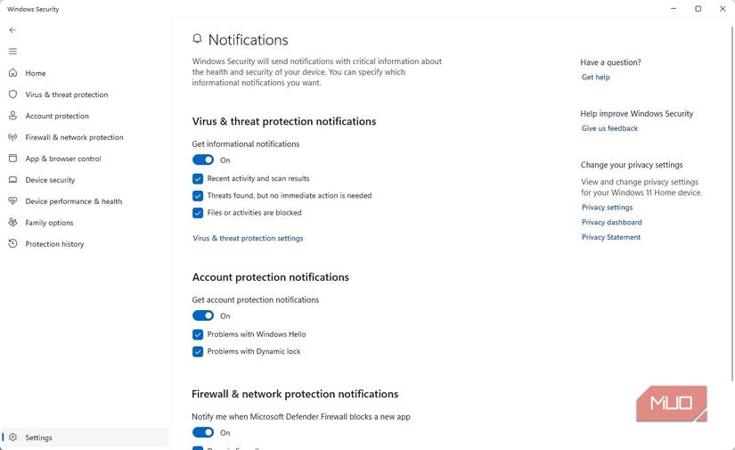 Windows 11 security notification settings