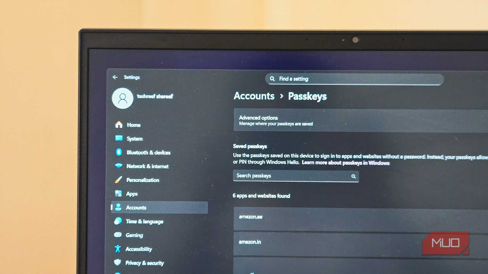 Windows 11 Settings app showing the passkeys option