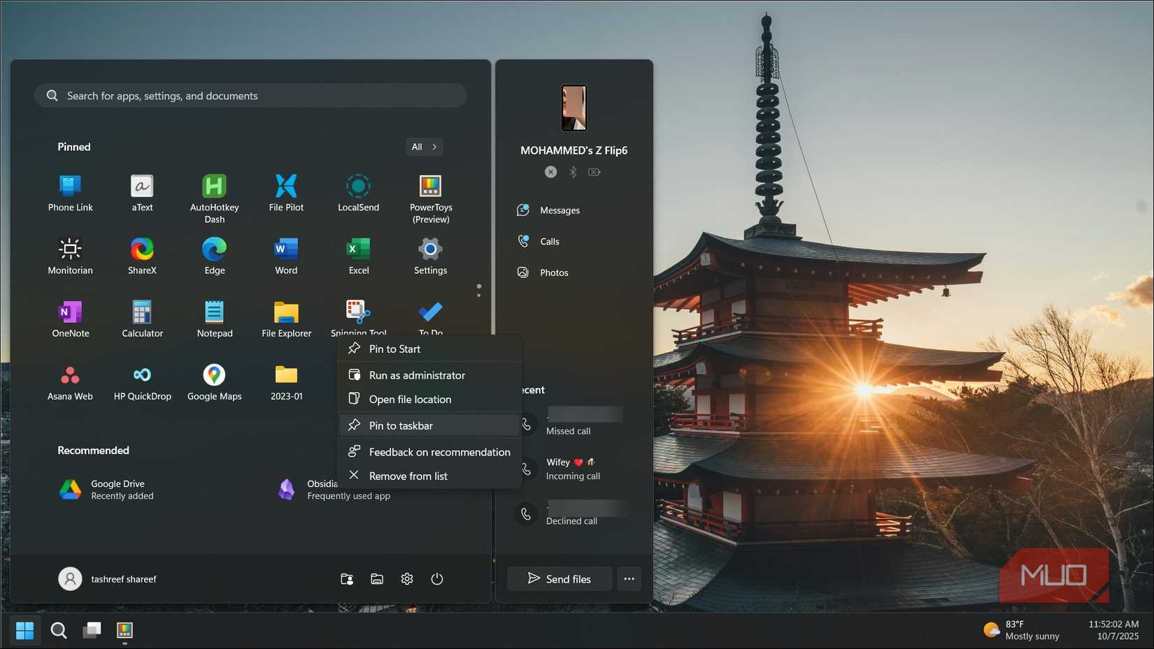 Windows 11 start menu showing the Pin to taskbar context menu