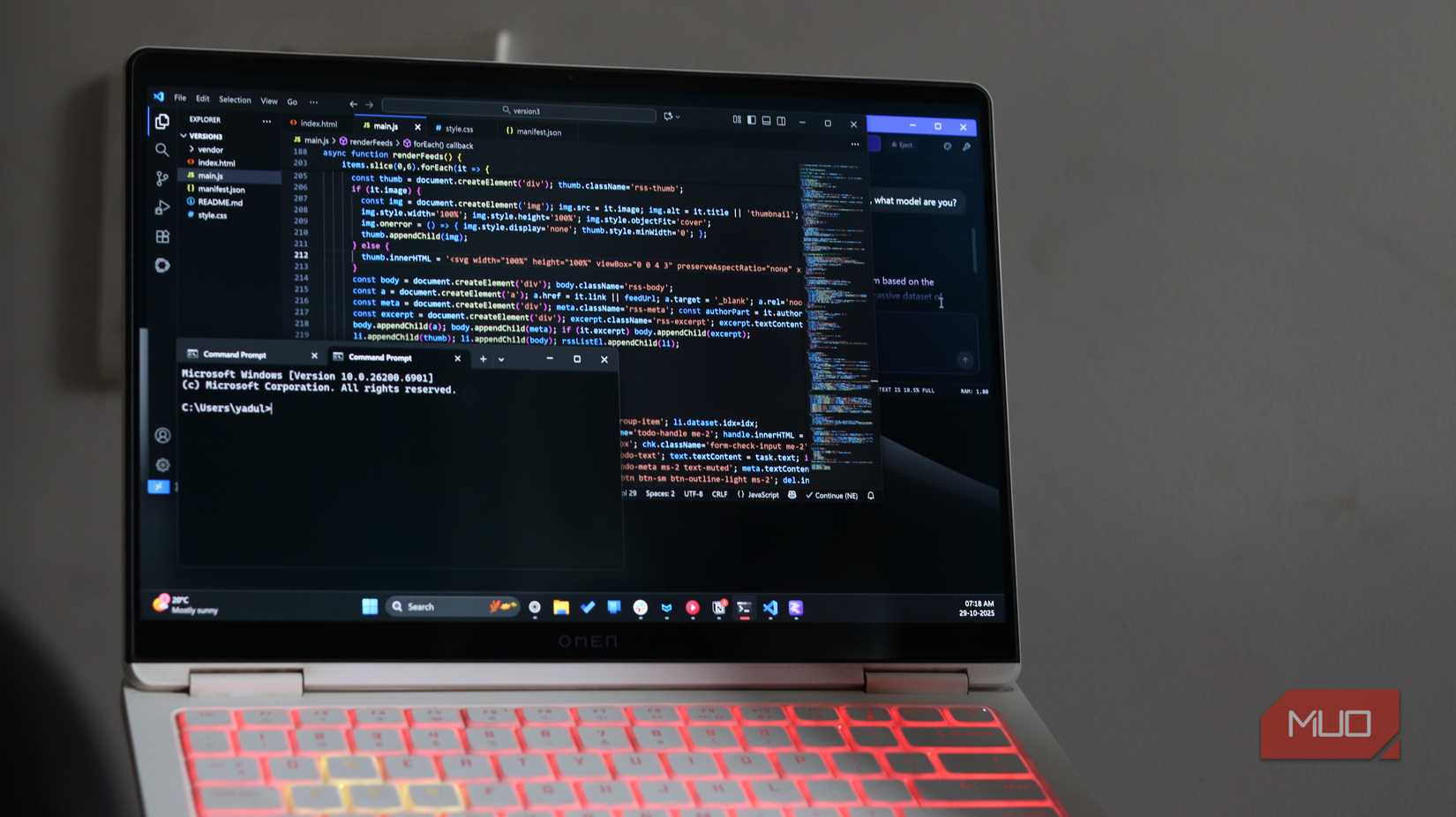 Windows 11 with code and command line interface open.
