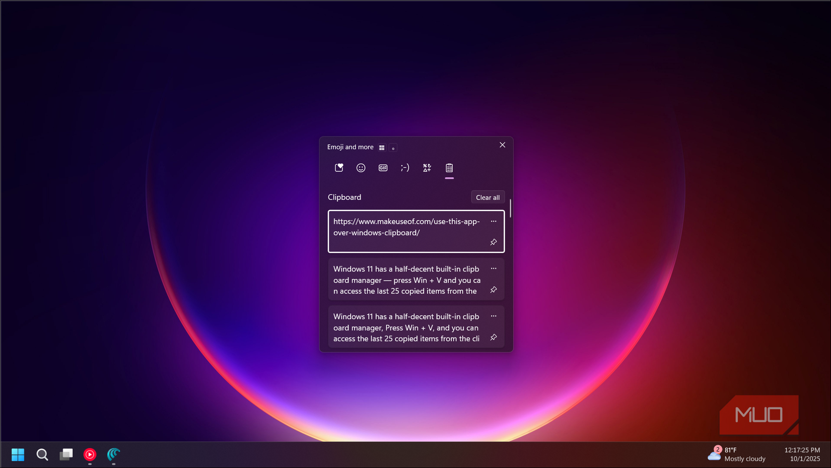 Windows clipboard history open on Windows 11
