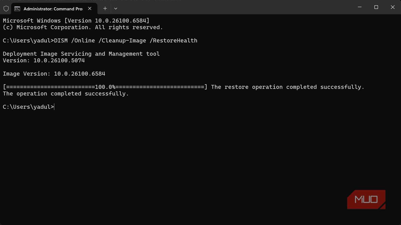 DISM scan in Windows terminal showing no errors. 