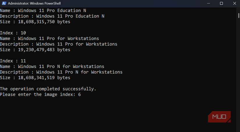 Windows edition index list in PowerShell
