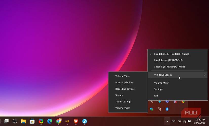 Windows legacy option on the EarTrumpet Windows app