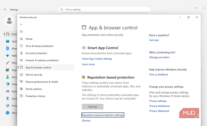 Windows Security app and browser control settings