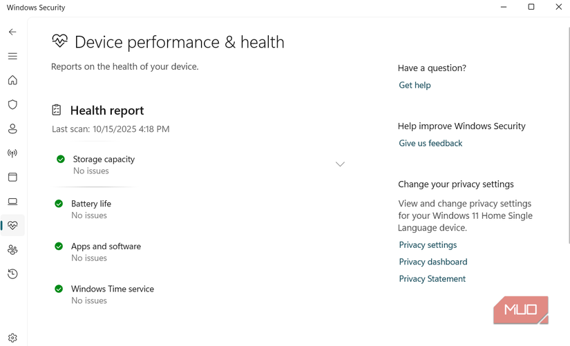 Windows Security health tab on PC