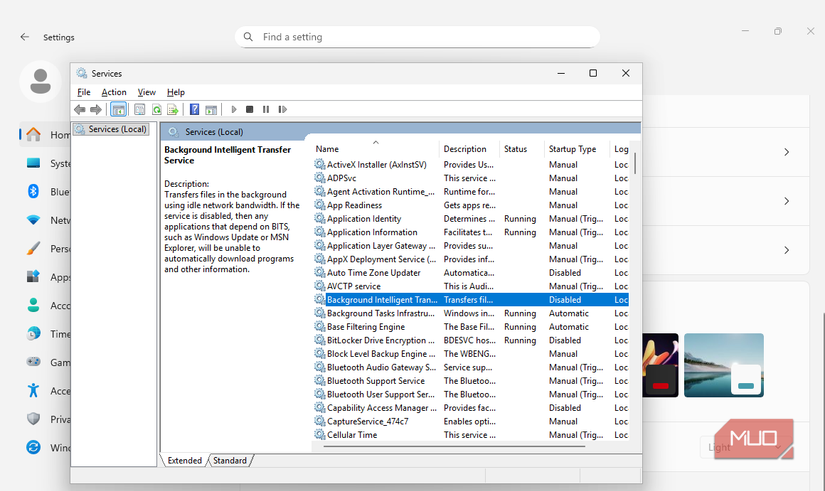 Windows Services showing Background Intelligent Transfer Service disabled