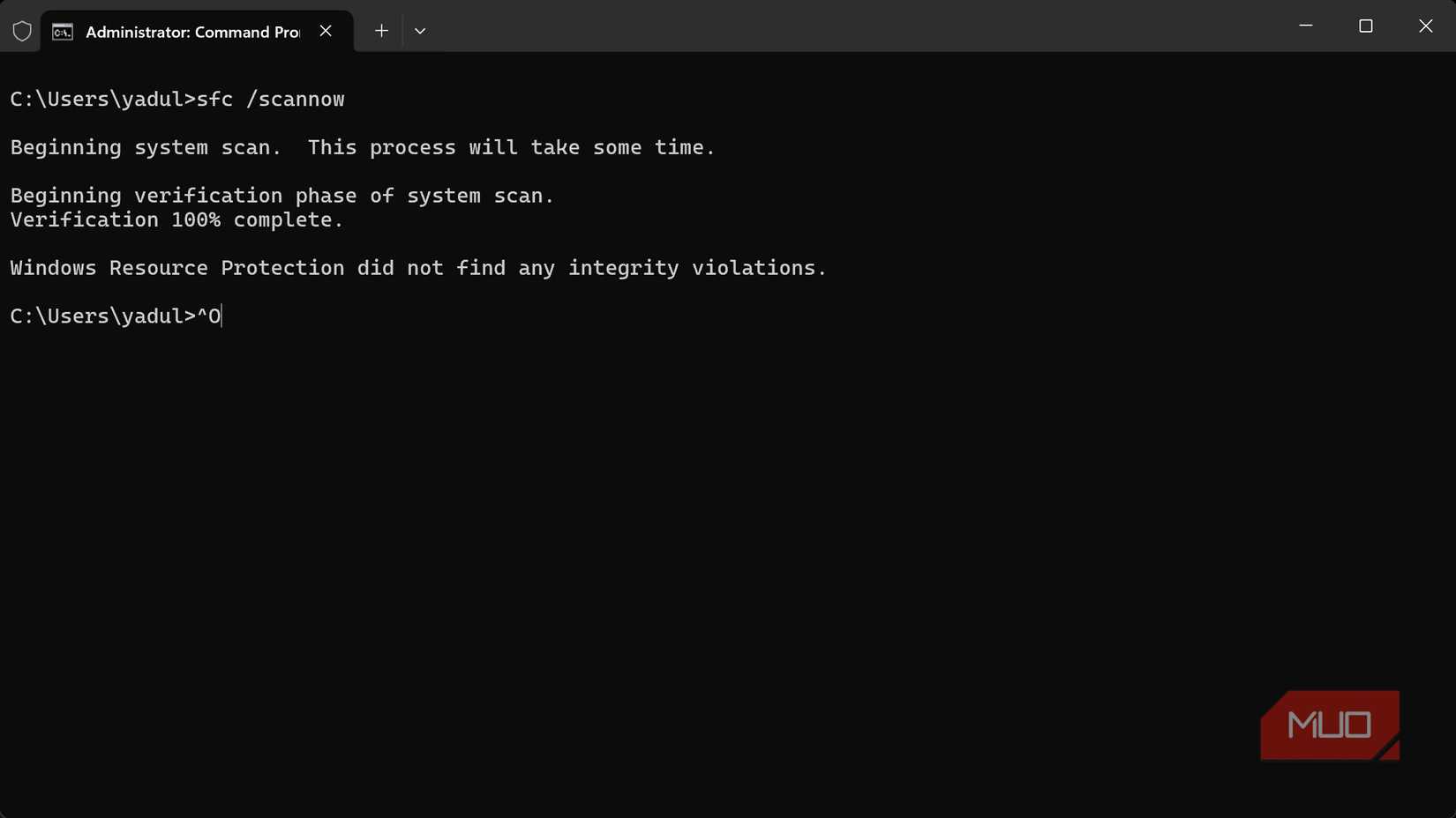 SFC scan in Windows terminal showing no errors. 