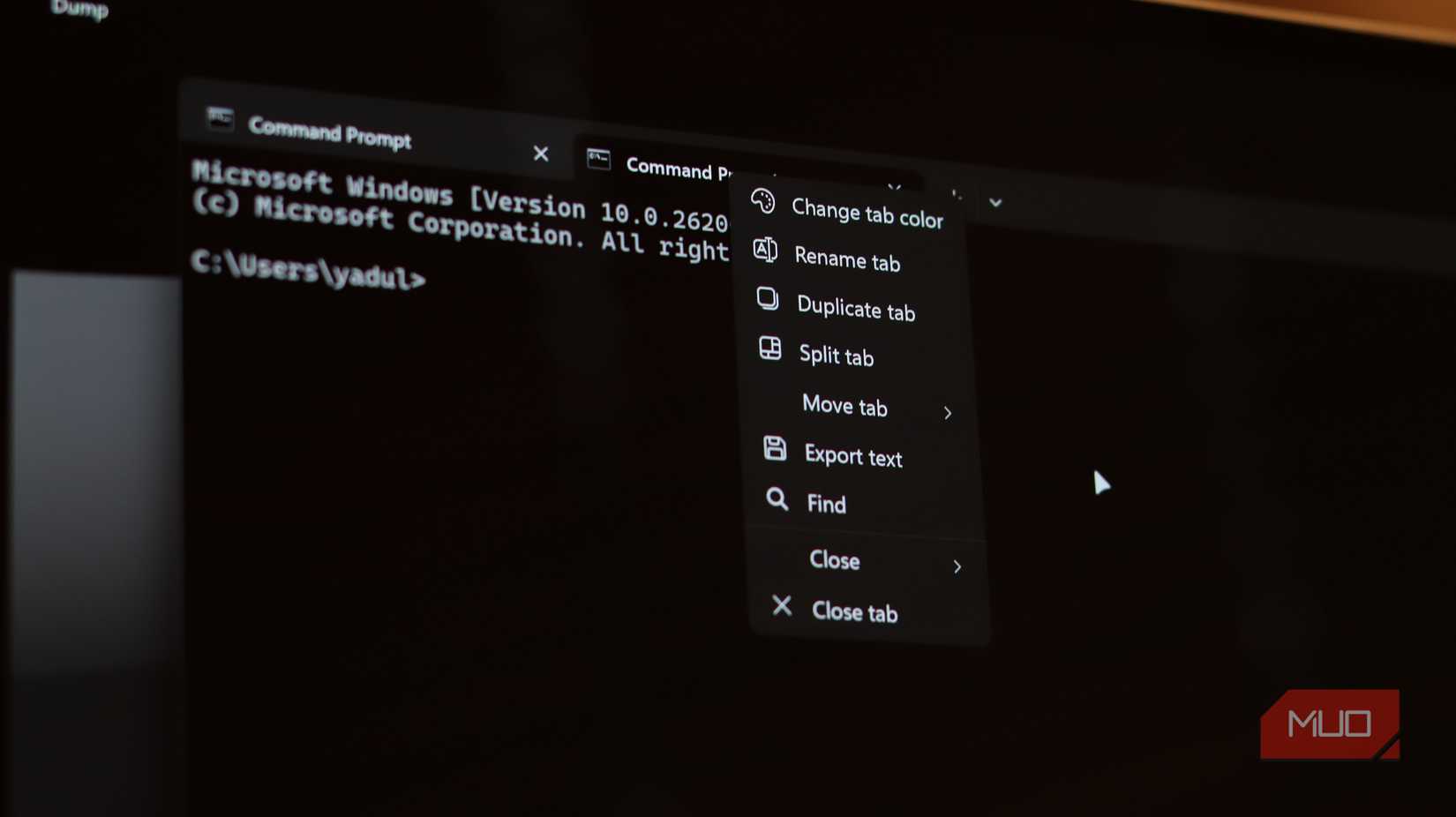 Windows terminal context menu.