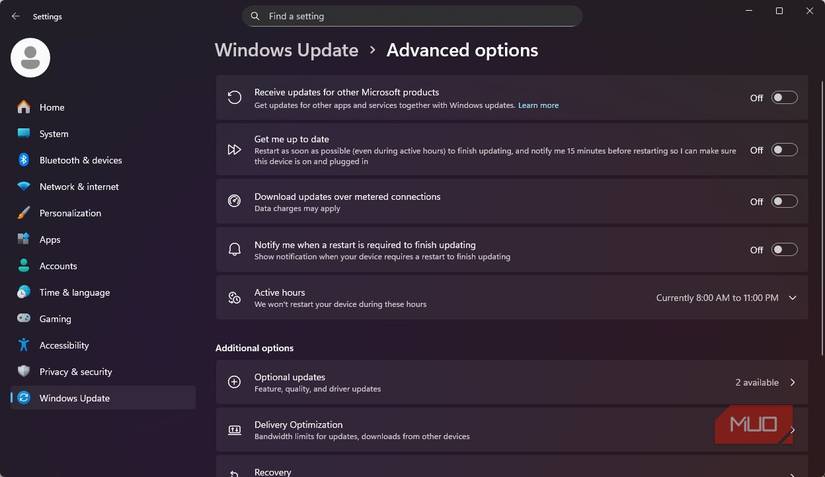 Windows Update advanced options