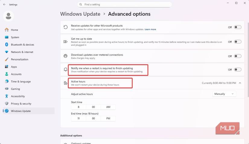 Windows updates notification settings