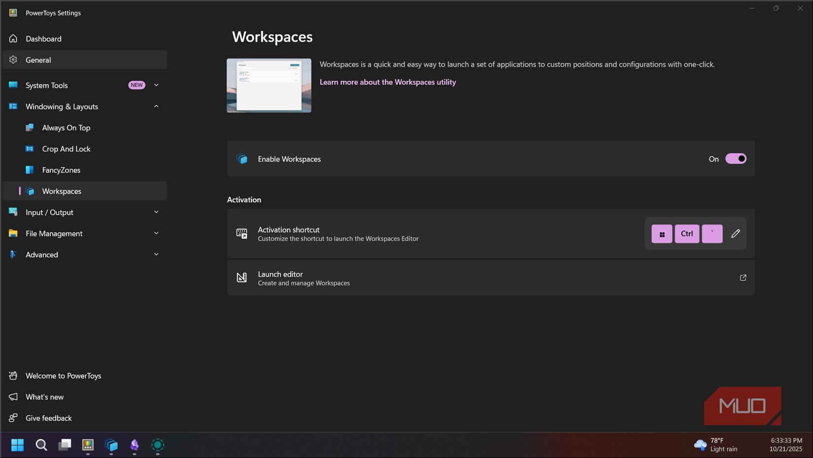 Workspaces tool settings open on PowerToys