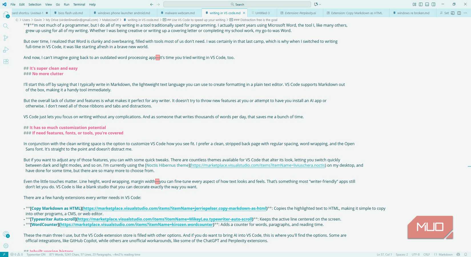 writing in vs code with no clutter.