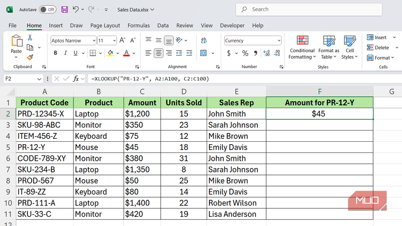 XLOOKUP function to find sum of products with code in Excel.