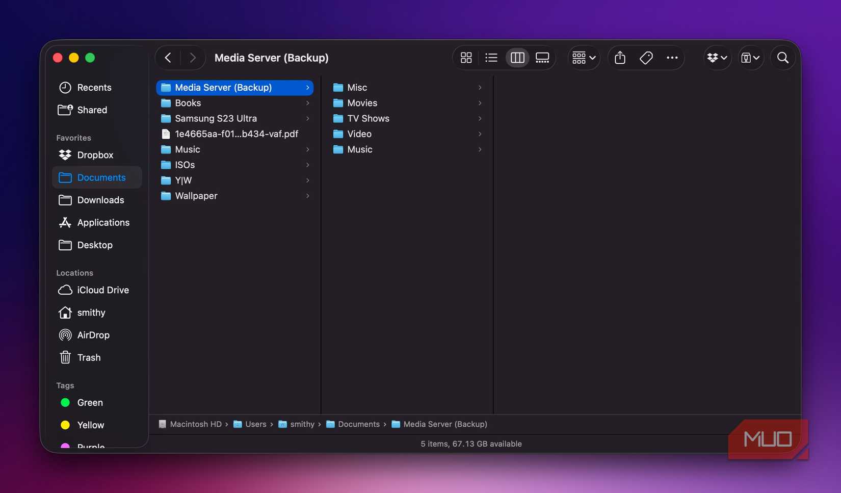 macOS Finder with a Media Server folder showcasing folder hierarchy.