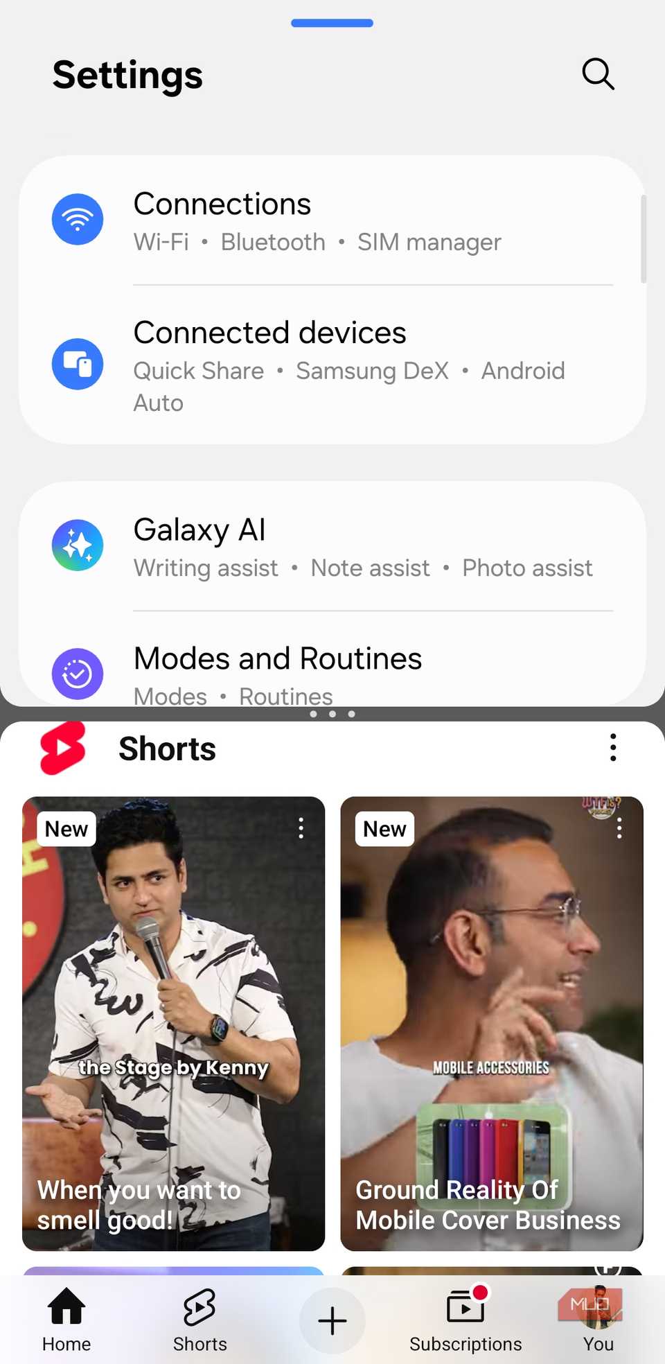 YouTube y Configuración en modo de pantalla dividida en el teléfono Samsung
