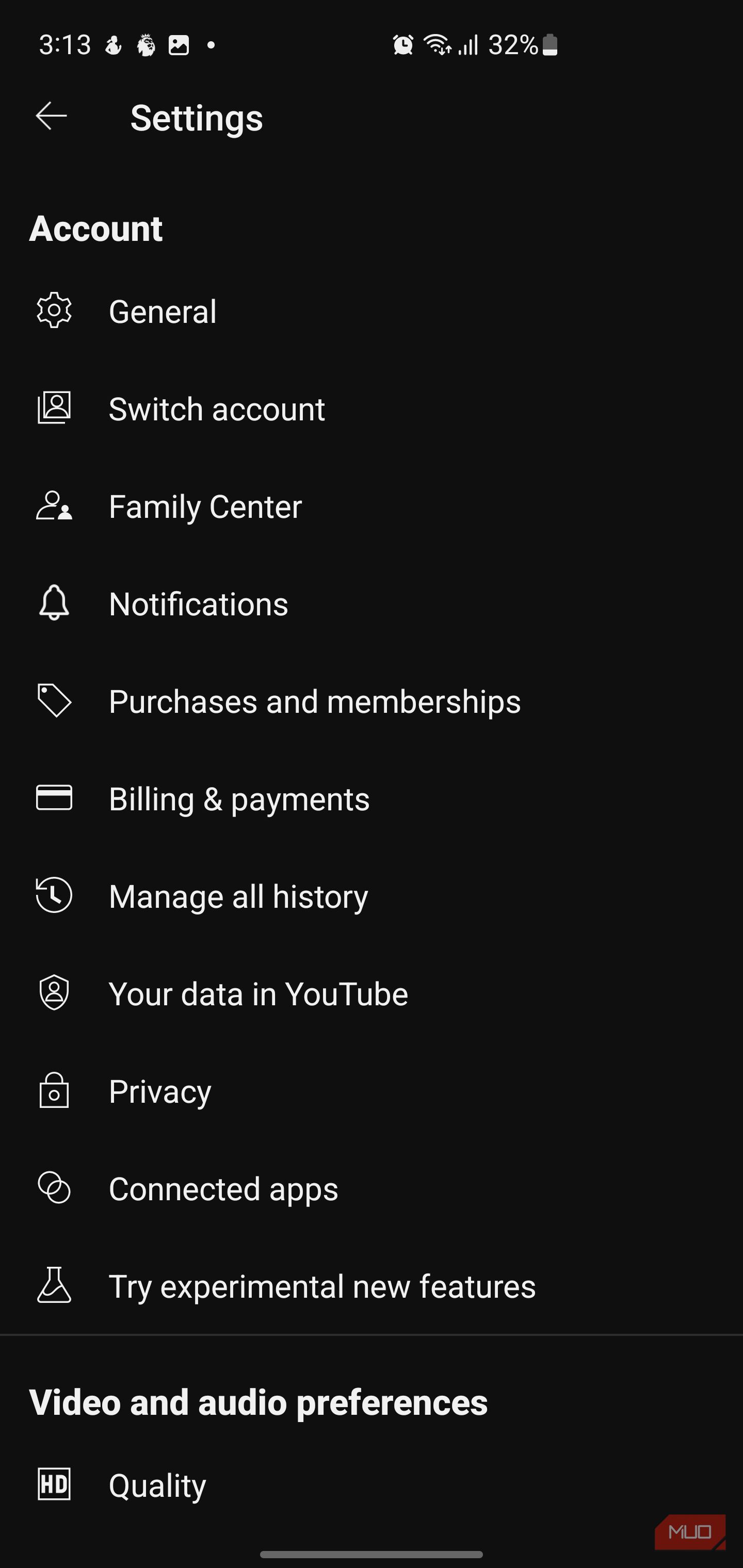 YouTube app settings menu.