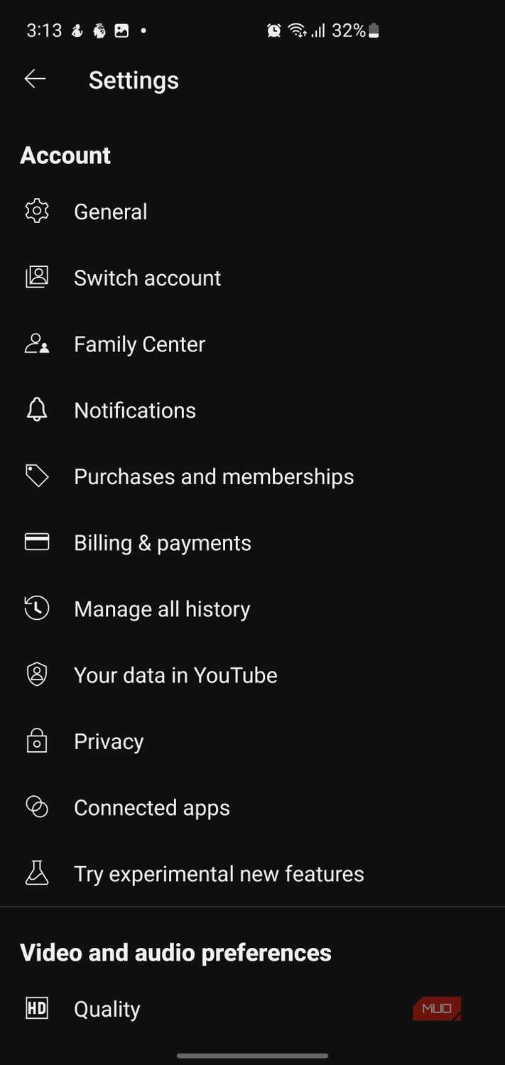 YouTube app settings menu.