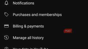 YouTube app settings menu.