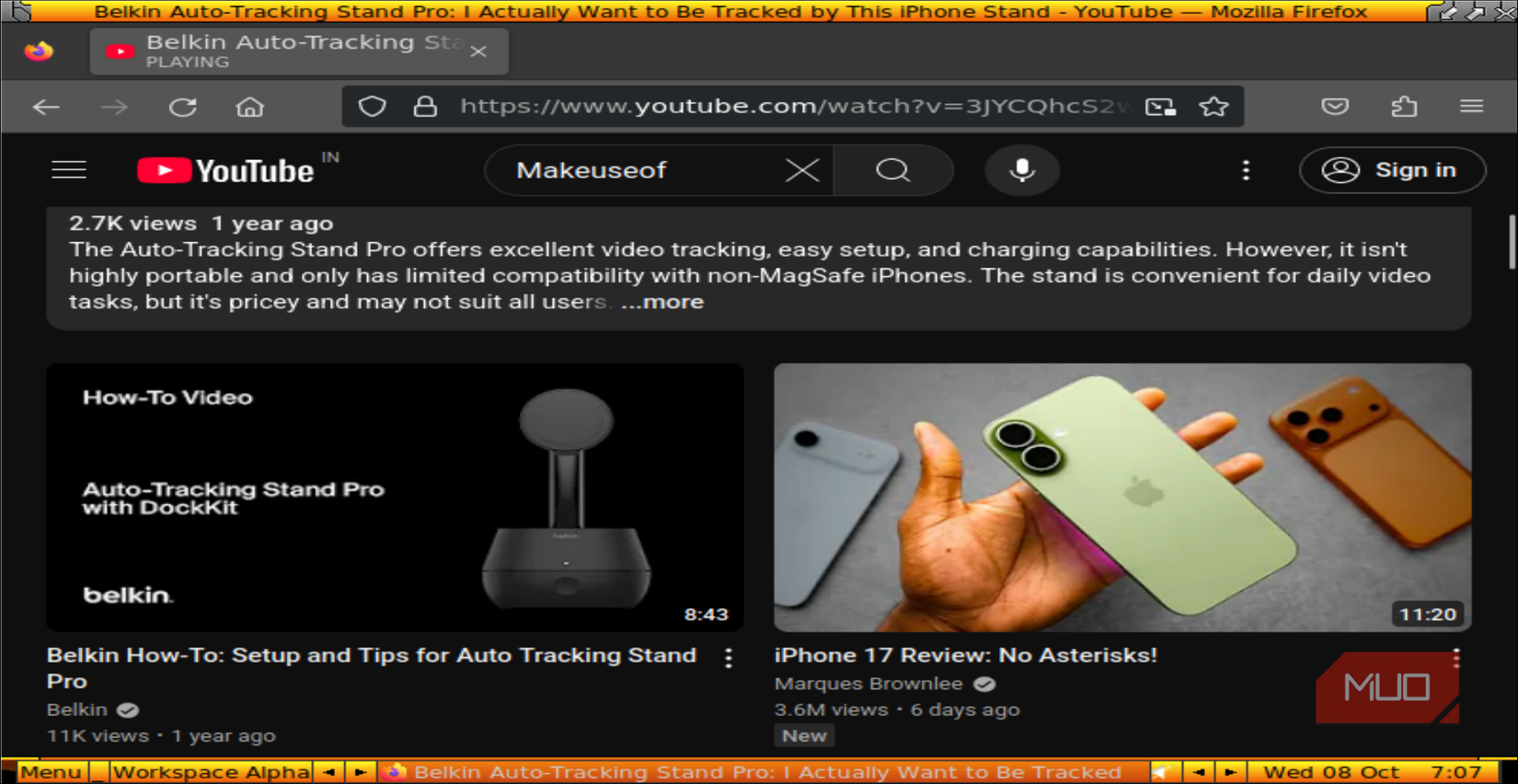 YouTube open on a browser on Damn Small Linux