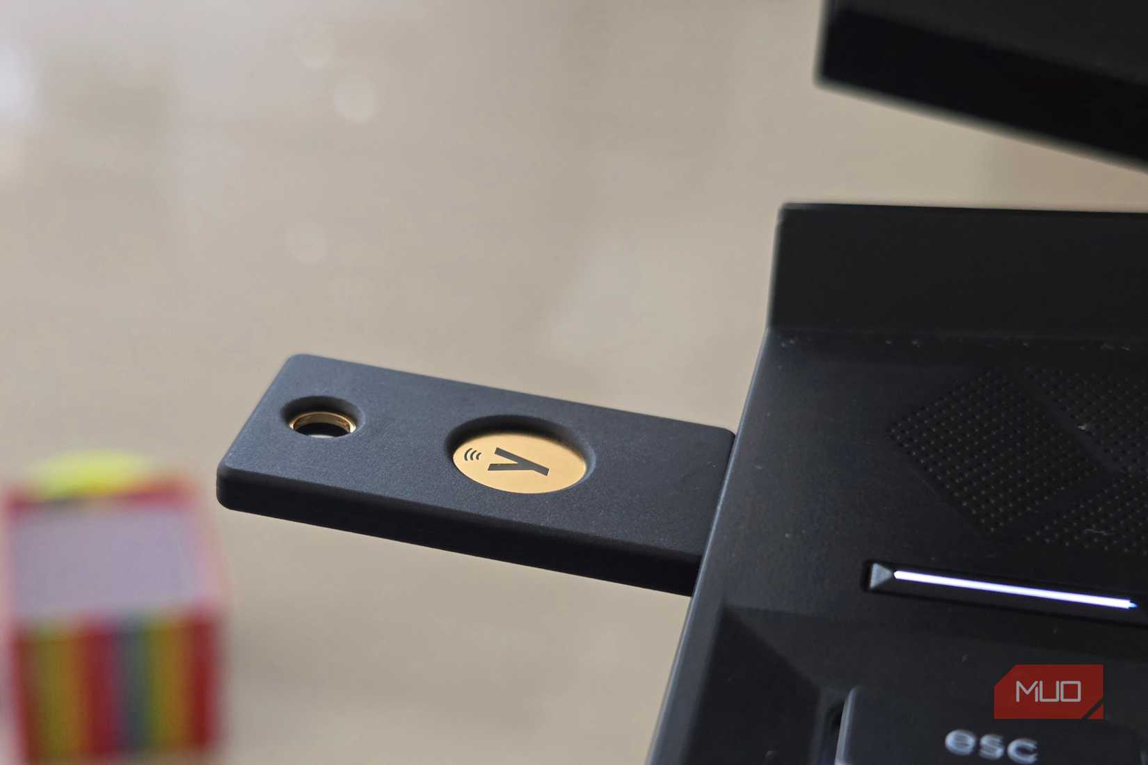 Yubico security key connected to a Laptop's USB port