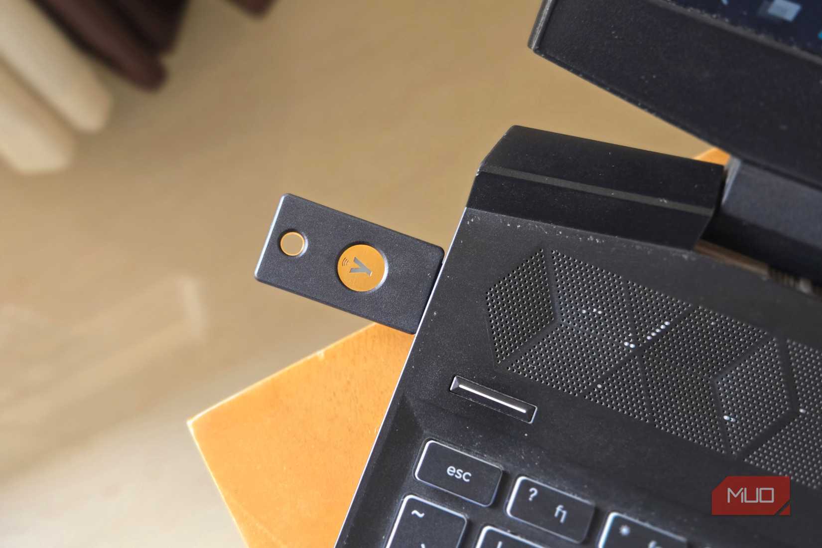 Yubico security key connected to a laptop