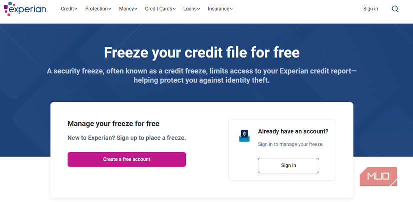 Experian Credit Freeze Page