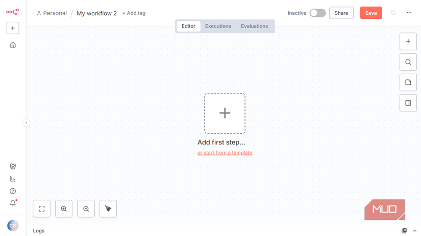 A blank workflow in n8n
