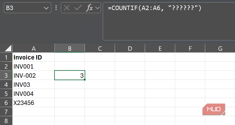 A COUNTIF formula using the question mark wildcard to check the exact number of characters in cells A2-A6 in Excel.