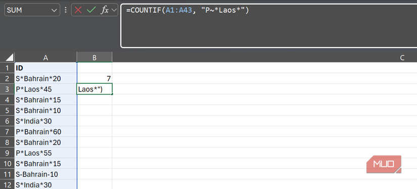 A COUNTIF formula using the tilde and asterisk wildcards to check the exact number of products ordered from Laos in cells A2-A43 in Excel.