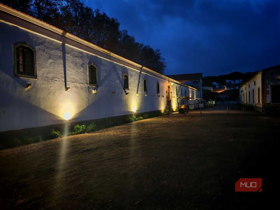 a courtyard at twilight.