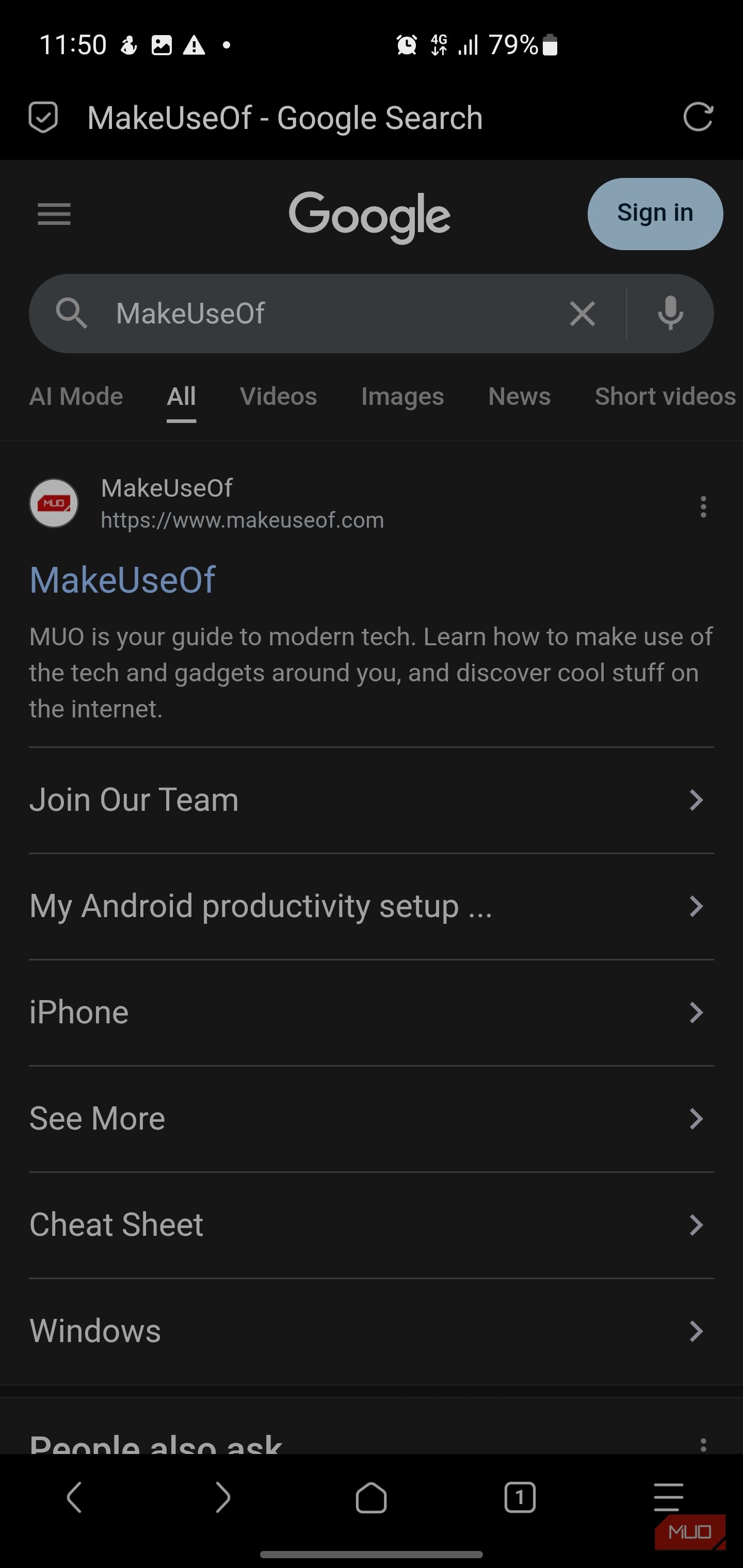A Google search results page for MakeUseOf shown inside the Via browser.