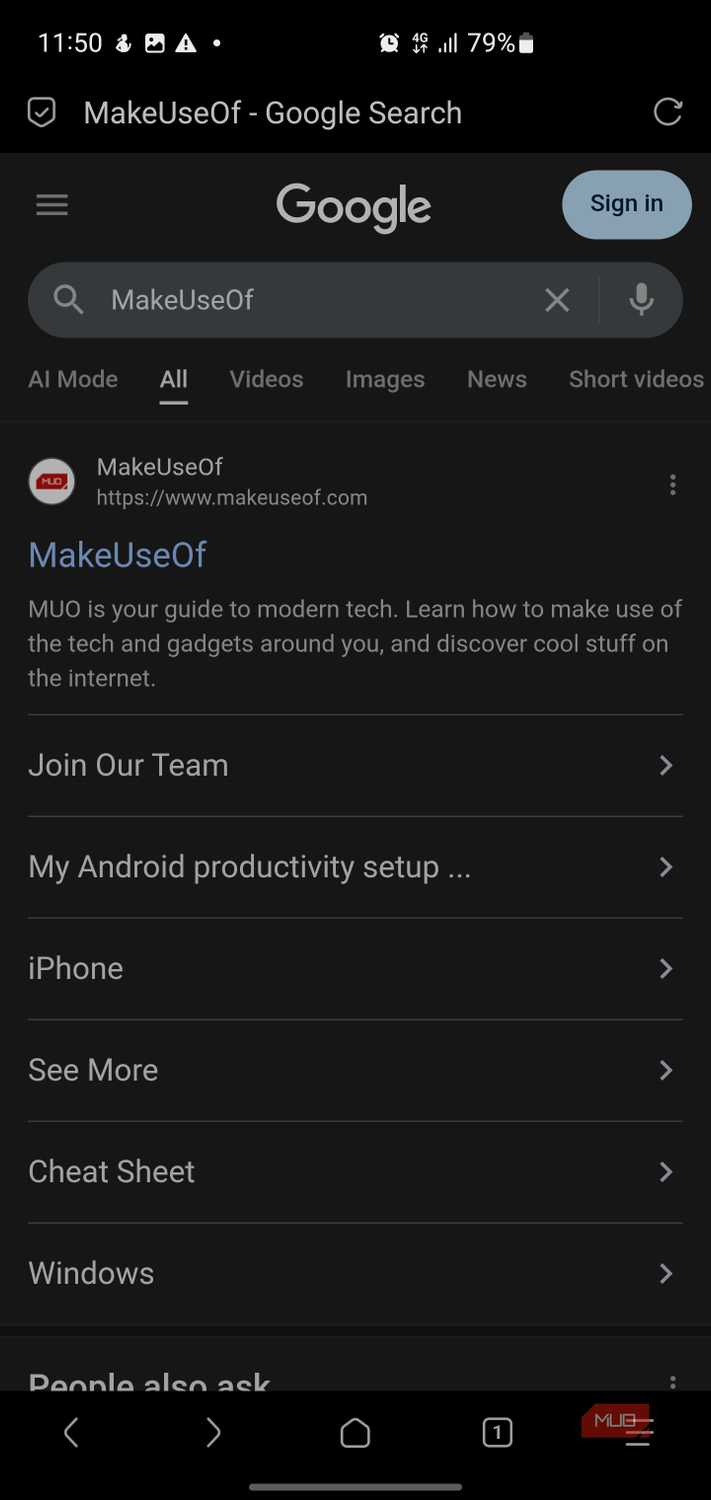 A Google search results page for MakeUseOf shown inside the Via browser.