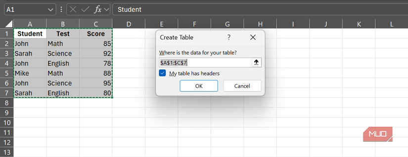 A highlighted data range beside the Create Table menu in Excel.