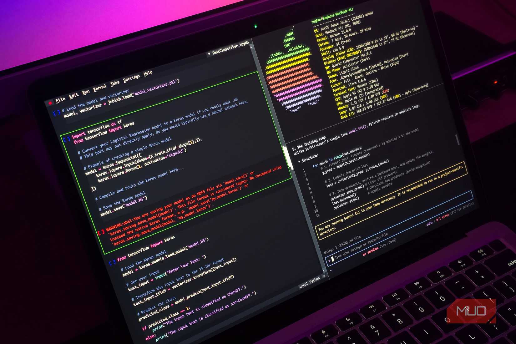 A MacBook running several dev tools in a terminal window