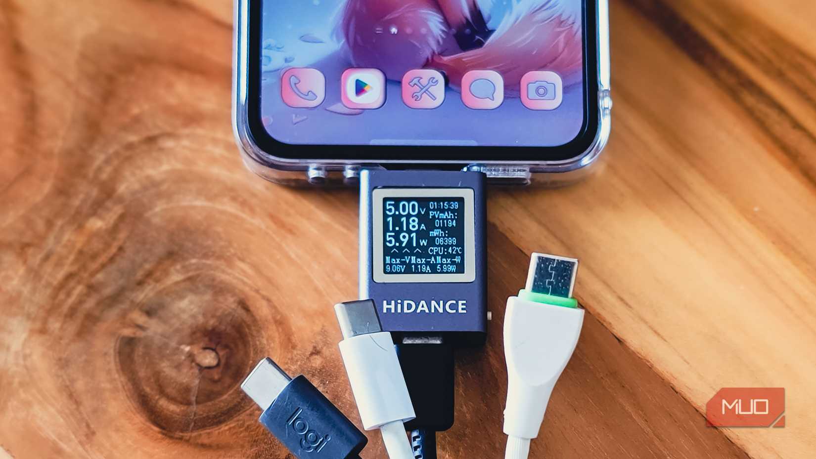 A mini digital power meter connected to the Samsung Galazy Z Flip 6 and other USB C Cables around