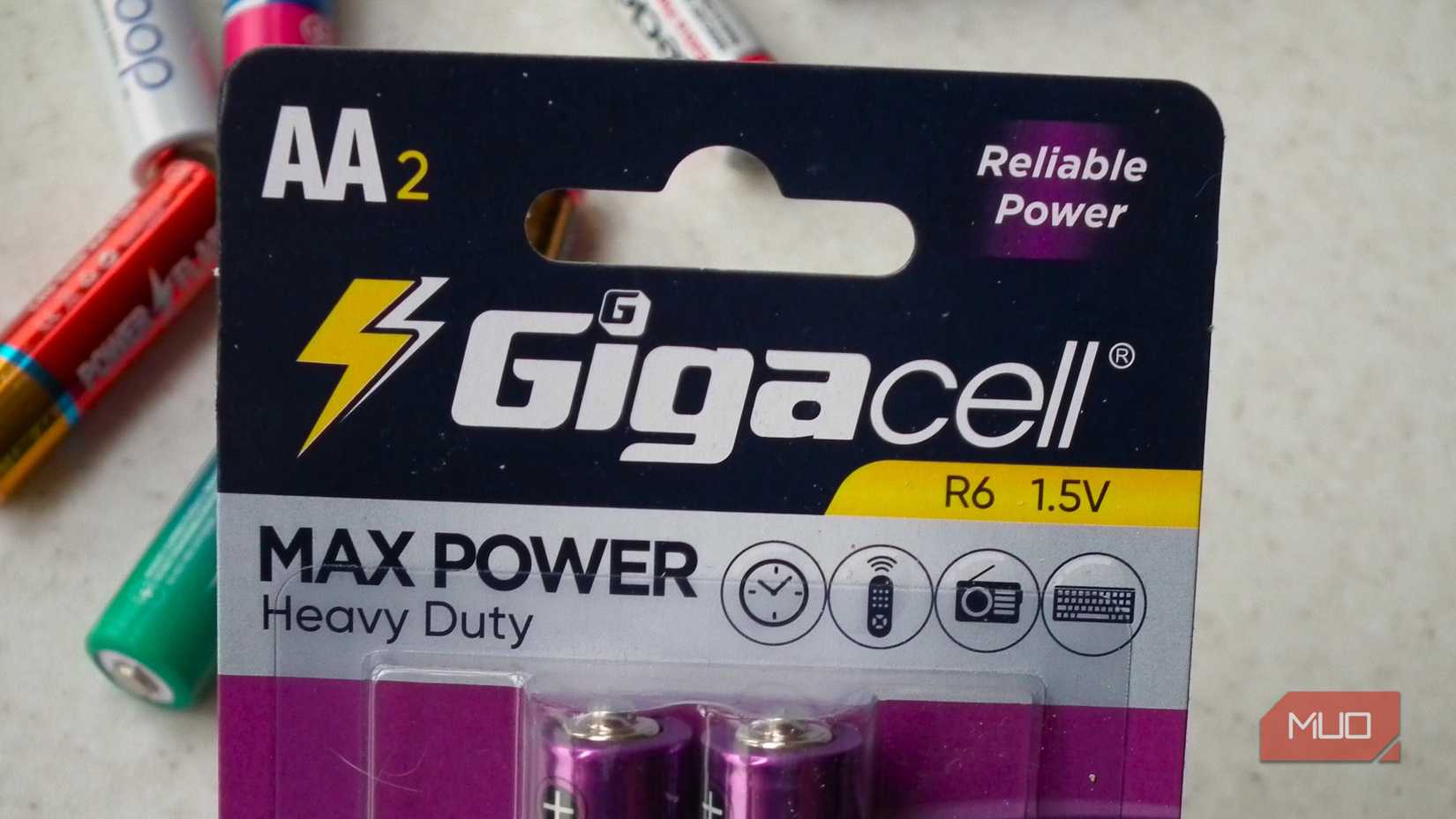 A pair of Gigacell AA batteries showing Heavy Duty on the packaging