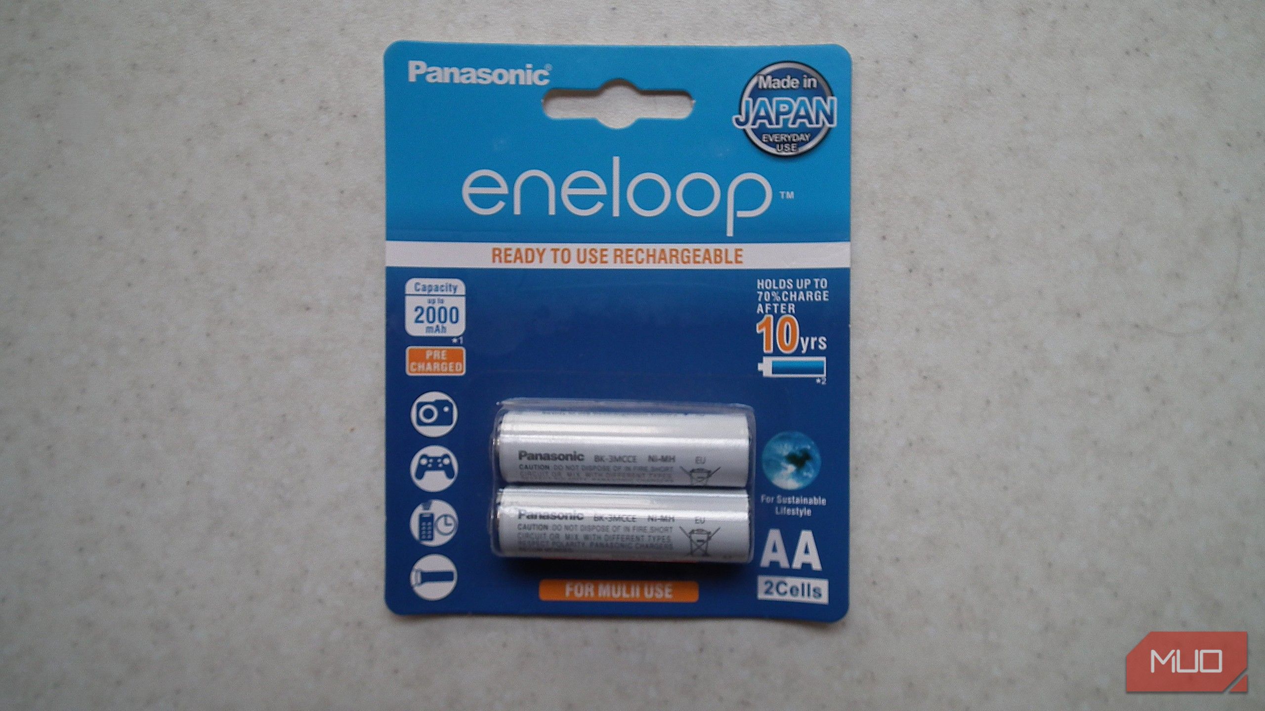 A pair of rechargable Panasonic Eneloop AA batteries in their packaging
