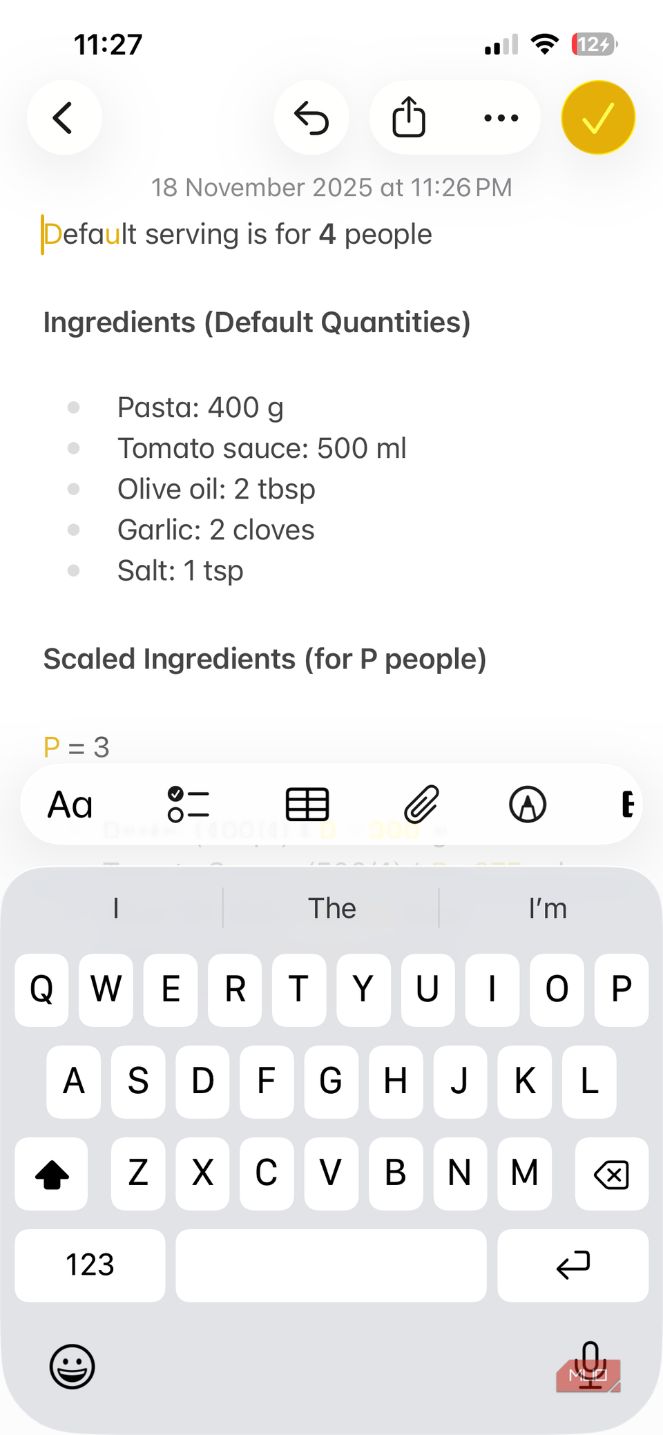 A recipe on Apple Notes on iPhone