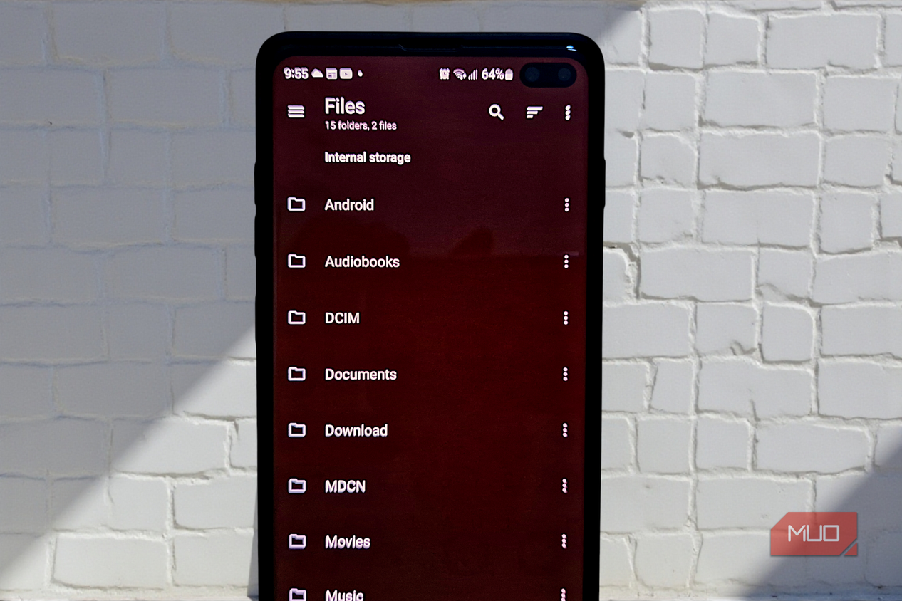 A smartphone displaying the main folder directory of the Material Files app.