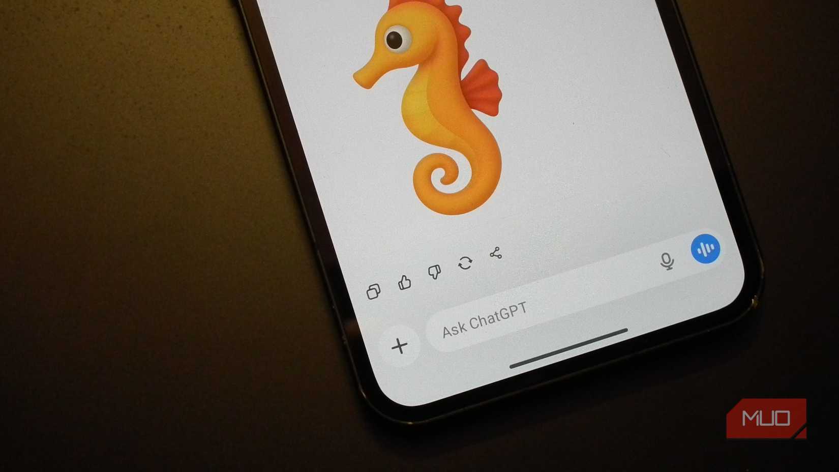 A smartphone showing the ChatGPT app with the seahorse emoji on it