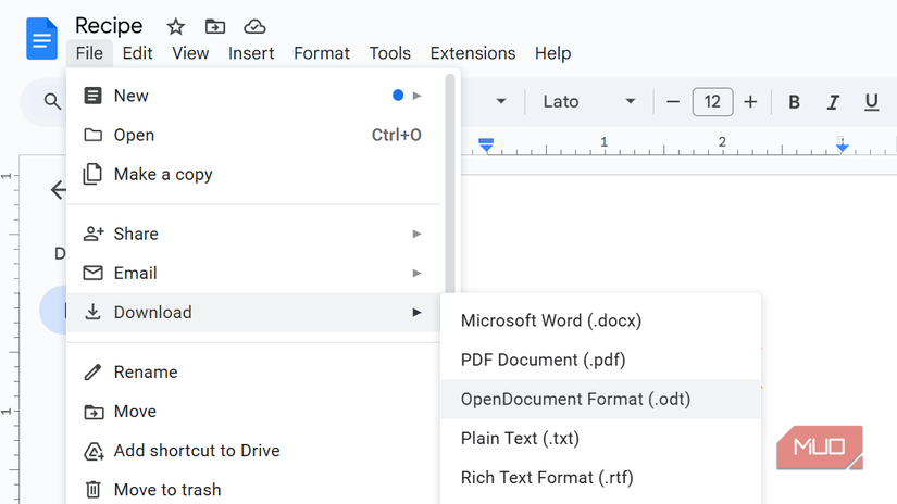 A word document open in Google Docs and downloaded as an .odt file.