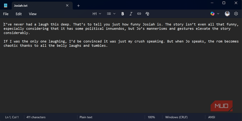 A word document open in the Notepad app and saved as a .txt file.
